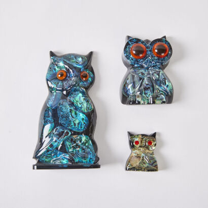 A Set of Translucent Owls with pƒÅua Shell Backing