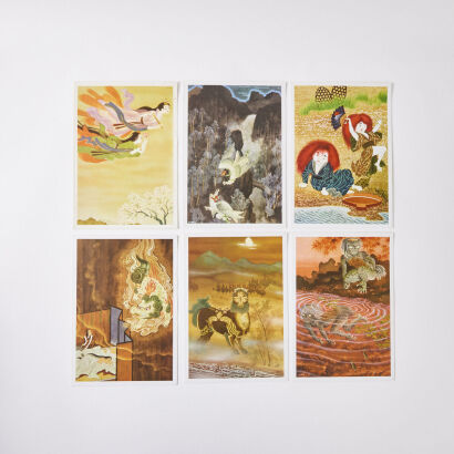 A Set of Six Japanese Mythological Menu Cards