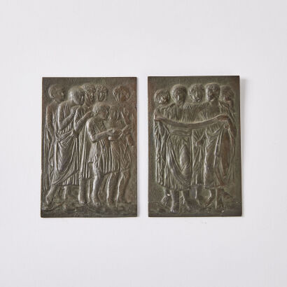 A Pair Of Antique Pressed Bronze Figurative Plaques