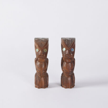 A Pair Of Hand Carved Tiki With Paua Eye Detail