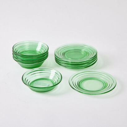 An Art Deco Ten Piece Set Of Green Glass Bowls and Plates