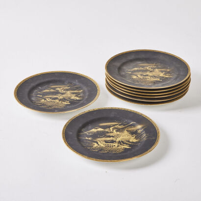 A Collection Of Eight Vintage Japanese Black & Gold Hand-Painted Plates by Soko China of Japan