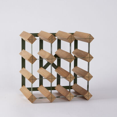 A Wooden And Green Metal Wine Rack