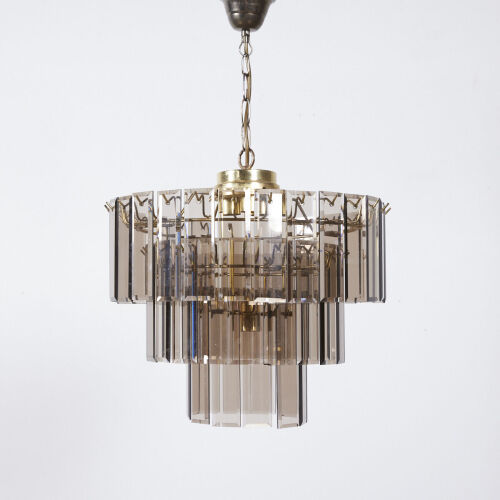 An Art Deco Brass Plated Chandelier With Smoked Glass