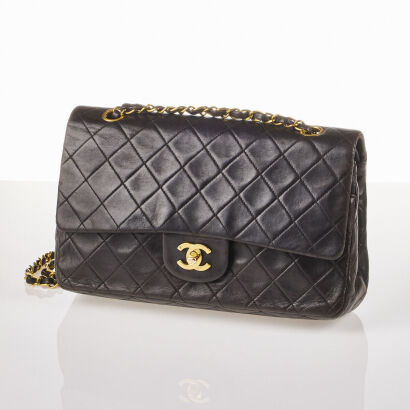 Chanel, Vintage, Classic Black Quilted Lambskin Double Flap Bag 26