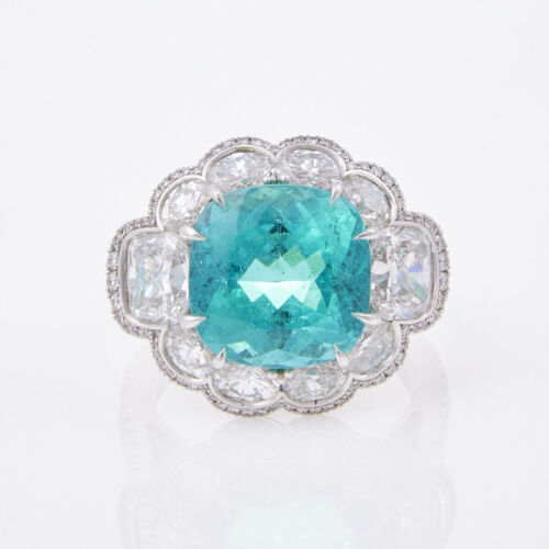 18ct White Gold, 8.83ct Cushion Cut Paraiba Tourmaline and Diamond Cluster Ring