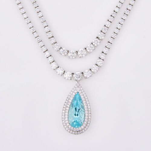 18ct White Gold, 3.17ct Pear Shaped Paraiba Tourmaline & Diamond Necklace