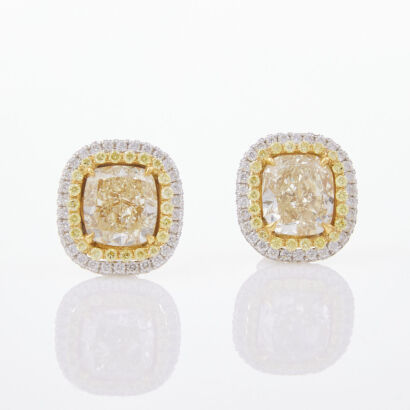 Platinum/18ct Yellow, Cushion Cut Fancy Yellow 6.07ct Diamond Cluster Earrings