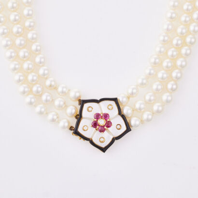 A Cultured Akoya Pearl Triple Strand Necklace, with 14ct Gold Lotus Flower Clasp