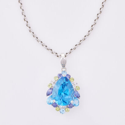 18ct White Gold, Multi-stone, Blue Topaz, Peridot, Iolite Pendant and Chain