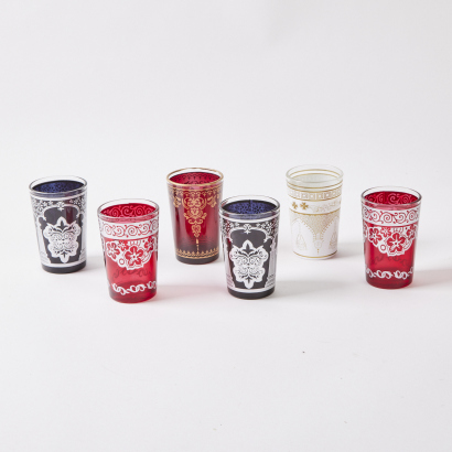 A Set Of Six Colourful Moroccan Laleh Tea Glasses