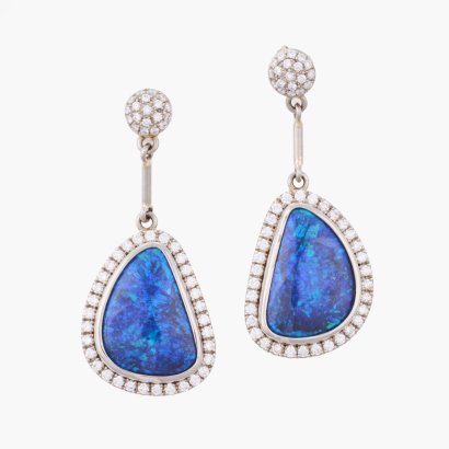 18ct White Gold, 16.17ct Lightning Ridge Black Opal and 1.53ct Diamond Drop Earrings