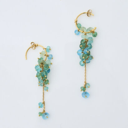 18ct Yellow Gold, Aquamarine, Emerald and Topaz Drop Earrings