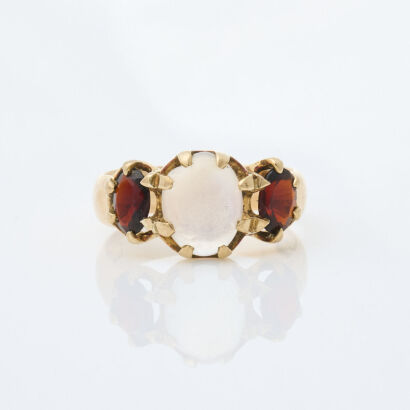 15ct Yellow Gold, Cabochon Cut Moonstone and Garnet Ring