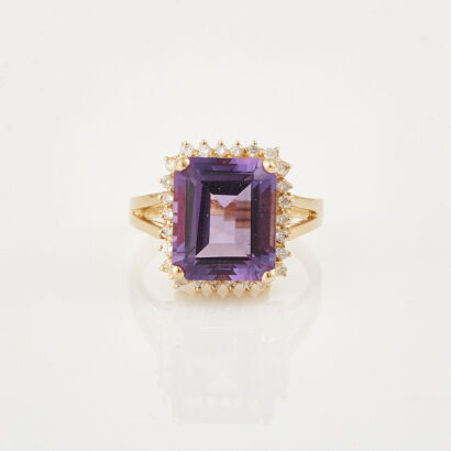 14ct Yellow Gold, 11.8mm x 9.95mm Amethyst and .25ct Diamond Cocktail Ring