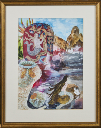 An Original Framed Watercolour and Collage Mermaid Art work Unknown Artist