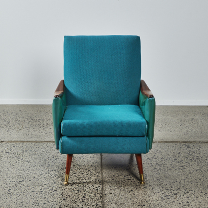 A Vintage Armchair with Turquoise Upholstery & Wooden Arms