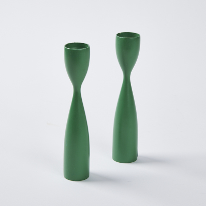 A Pair Of Tapio Wirkkala Green Wooden Candle Holders