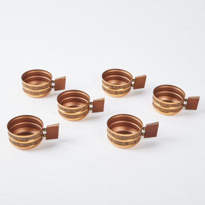 A Set Of Six Mid Centruy Copper Brass And Teak Espresso Cups