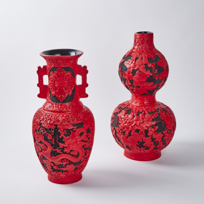 A Pair Of Large Chinese Red And Black Carved Cinnabar Vases