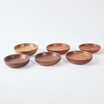 A Set of Six Hand Turned Java, Jarrah and Oregon Pine Bowls