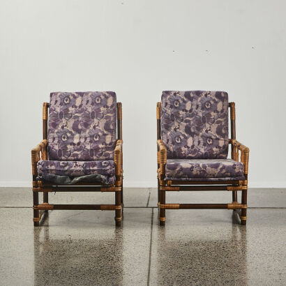 A Pair of Mid Century Cane & Wood Sleigh Based Chairs