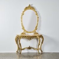 A French Rococo Gold Leaf Marble Top Mirrored Console