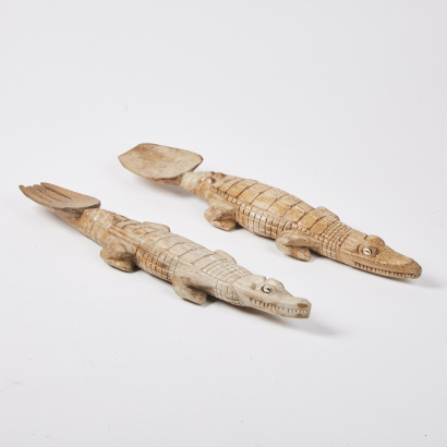 A Pair of Wood Carved Crocodile Utensils