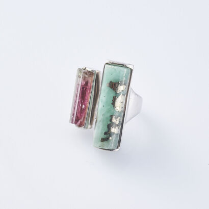 Watermelon Tourmaline and Emerald Silver Ring