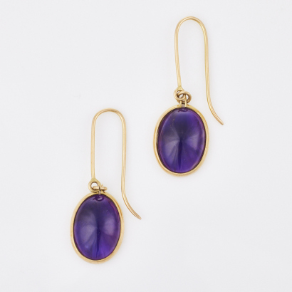 15ct Yellow Gold, Oval Cabochon Cut Amethyst Drop Earrings