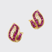 18ct Yellow Gold, 1.46ct Ruby/ .10 ct Diamond Leaf Shape Stud Earrings