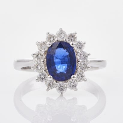 18ct White Gold,1.38cts Blue Sapphire / .50ct Diamond Cluster Ring