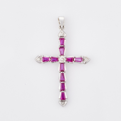 18ct White Gold, .76ct Ruby /.11ct Diamond Set Cross Pendant