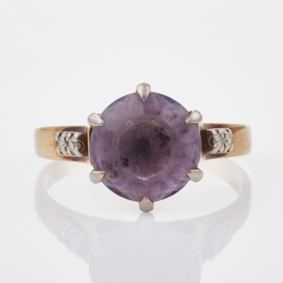 9ct Yellow Gold, Vintage Amethyst and Diamond Ring