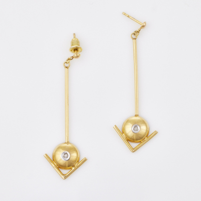 9ct Yellow Gold, Deco Style Gold and Diamond Drop Earrings