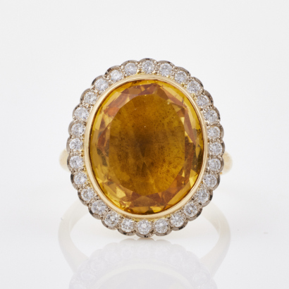 18ct Yellow Gold, 10.80ct Citrine/.62ct Diamond Ring