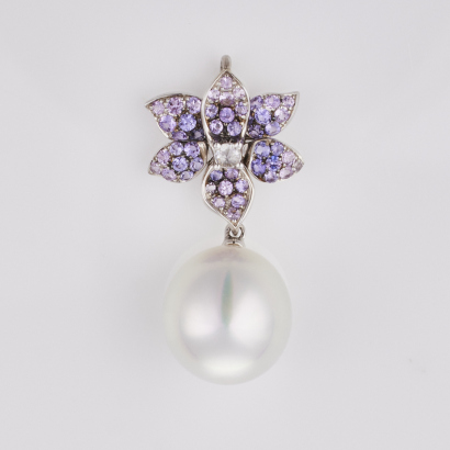 18ct White Gold, Autore South Sea Pearl, Diamond and Sapphire Pendant