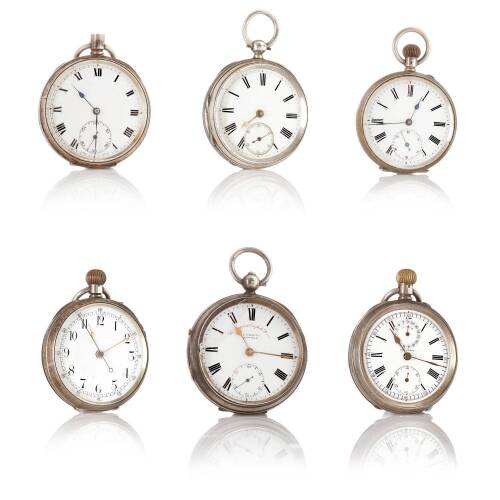 Six Vintage Silver Cased Open Face Swiss and English Pocket Watches