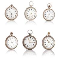 Six Vintage Silver Cased Open Face Swiss and English Pocket Watches