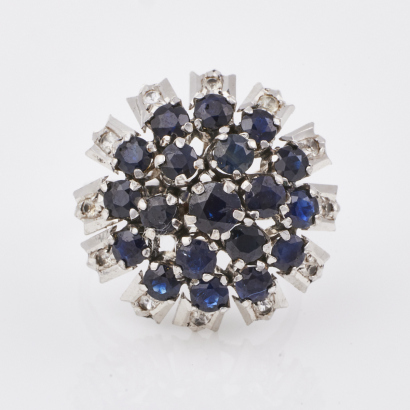 Sterling Silver, Vintage, Sapphire and Clear Stones Cluster Ring