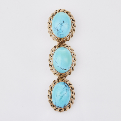 10ct Yellow Gold, Large Three Stone, Traditional Turquoise Pendant