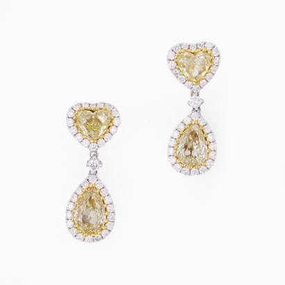 18ct Yellow/White Gold, 2.72ct Fancy Yellow Heart/Pear Shaped, and .60ct Brilliant Diamond Earrings