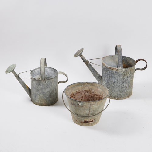 Two Vintage Watering Cans and A Bucket