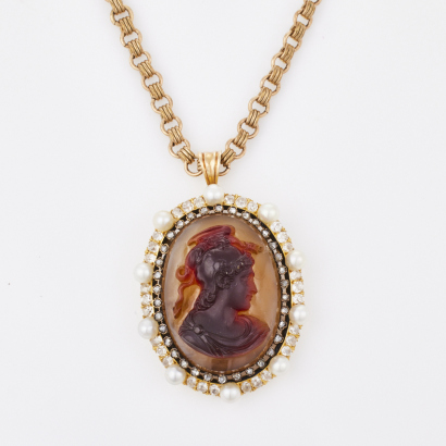 12ct Yellow Gold, Canelian - Sardonyx Cameo, Diamond and Pearl Set Pendant with Gold Plated Chain