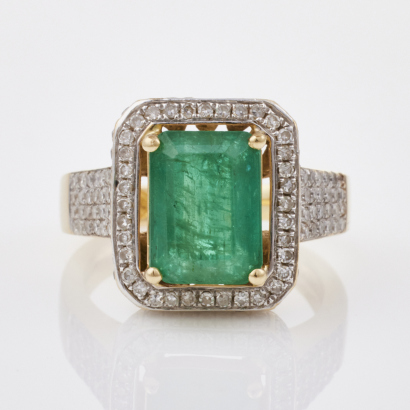 14ct Yellow Gold, 2.07 ct Emerald and Diamond Ring