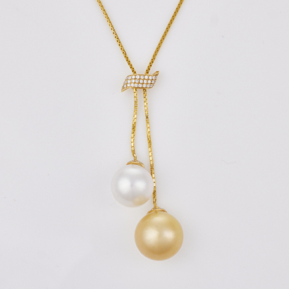 18ct Yellow Gold, 38cm Pearl and Diamond Necklace