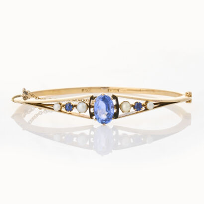 15ct Yellow Gold, 4.00ct Sapphire and Cultured Pearl Bangle