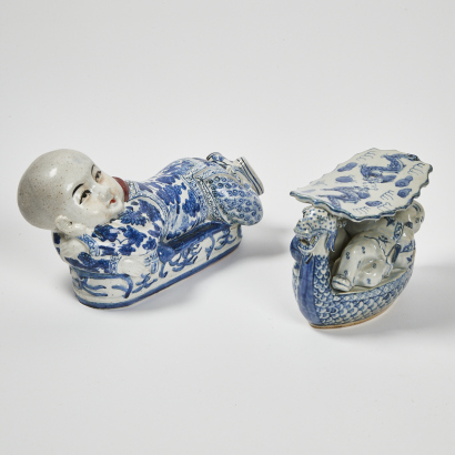 A Pair Of Vintage Chinese Blue And White Porcelain Neck Rest Pillows