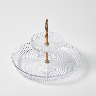 A Large Vintage Two Tiered Glass Cake Stand With Central Brass Fitting