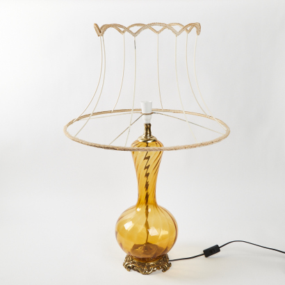 A Large Art Glass Lamp With Brass Foor